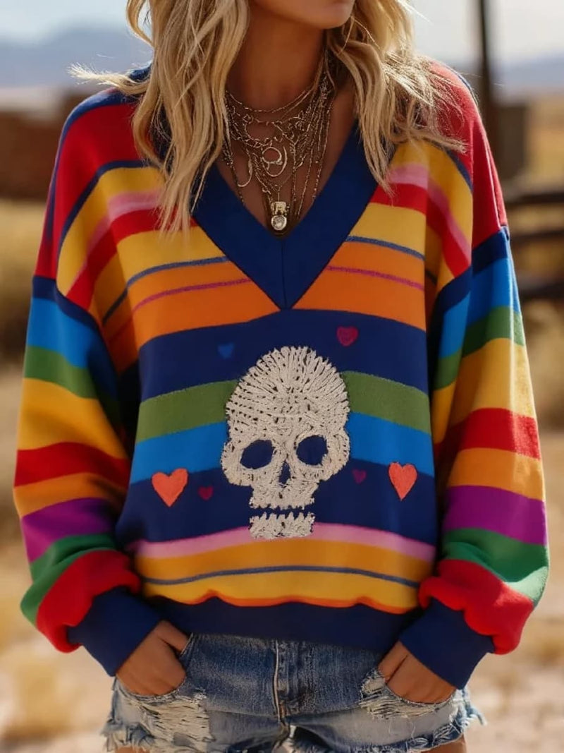 Women's Halloween Multi Stripe Skull Heart Print V Neck Sweatshirt