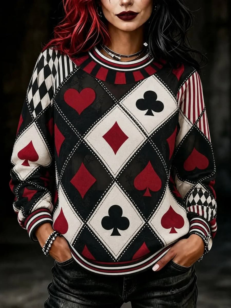 Women's Halloween Multi Poker Card Print Round Neck Sweatshirt