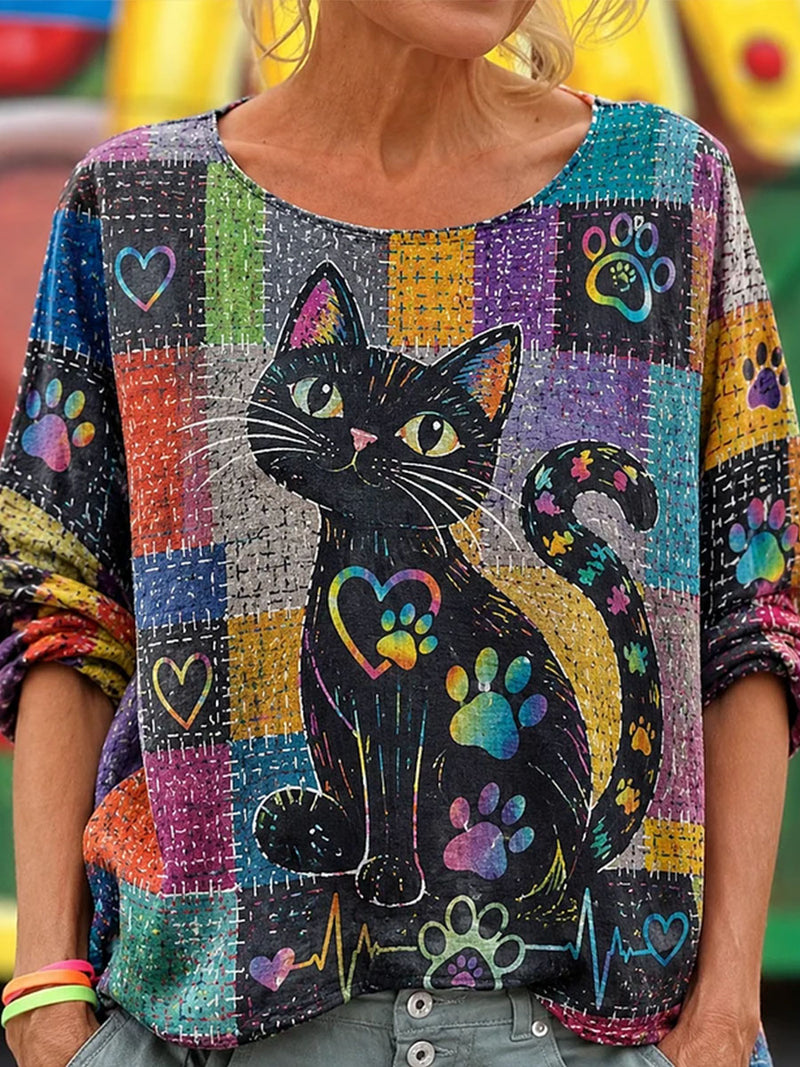 Women's Halloween Multi Patchwork Black Cat Paw Heart Print Round Neck Sweatshirt