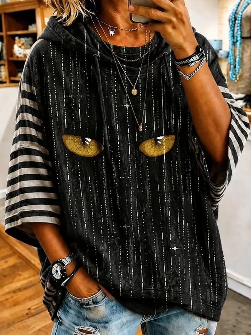 Women's Halloween Black Cat Eye Stripe Patchwork Print Hoodie
