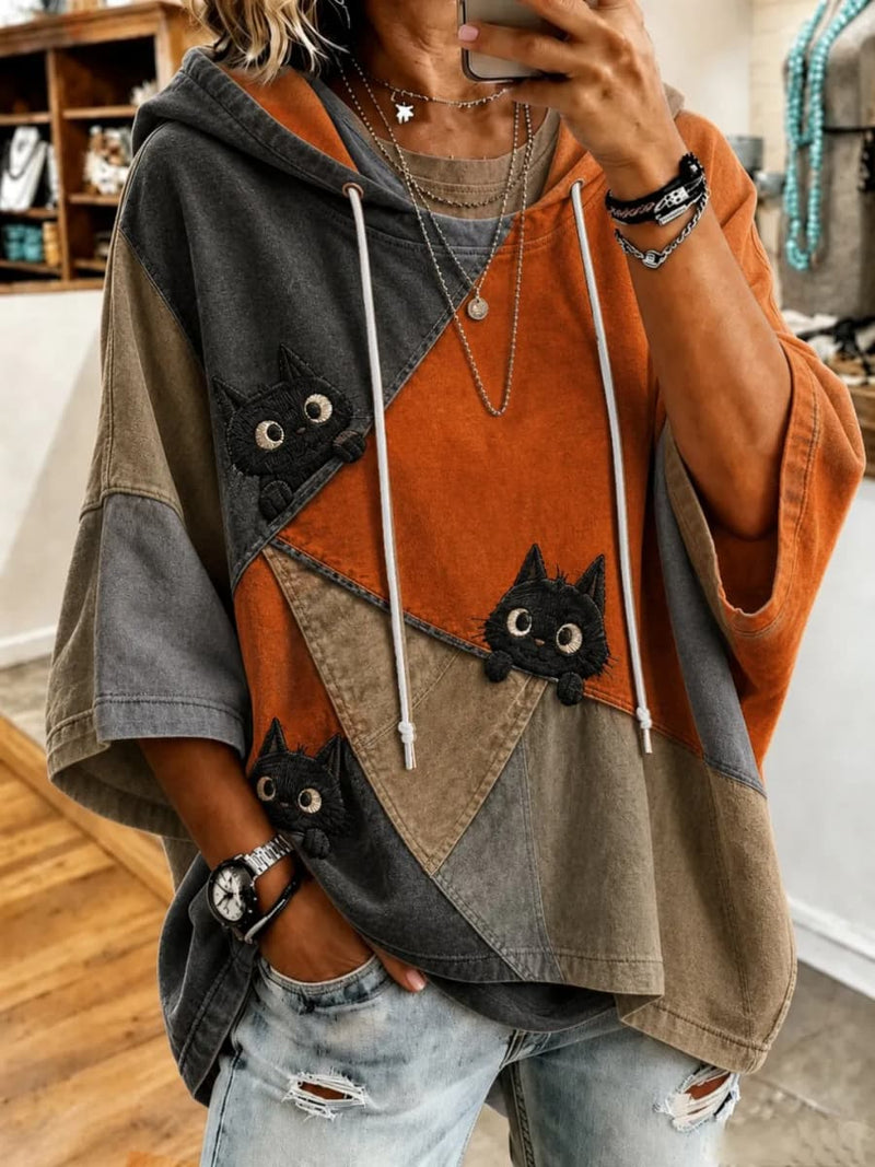 Women's Halloween Multi Black Cat Patchwork Hoodie