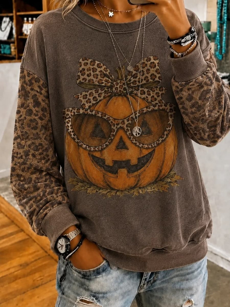 Women's Halloween Brown Leopard Pumpkin Round Neck Sweatshirt