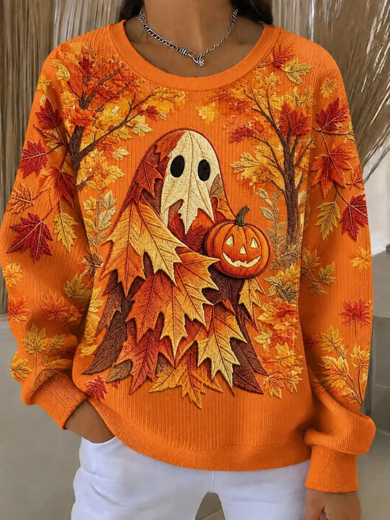 Women's Halloween Orange Ghost Maple Leaf Print Round Neck Long Sleeve Sweatshirt