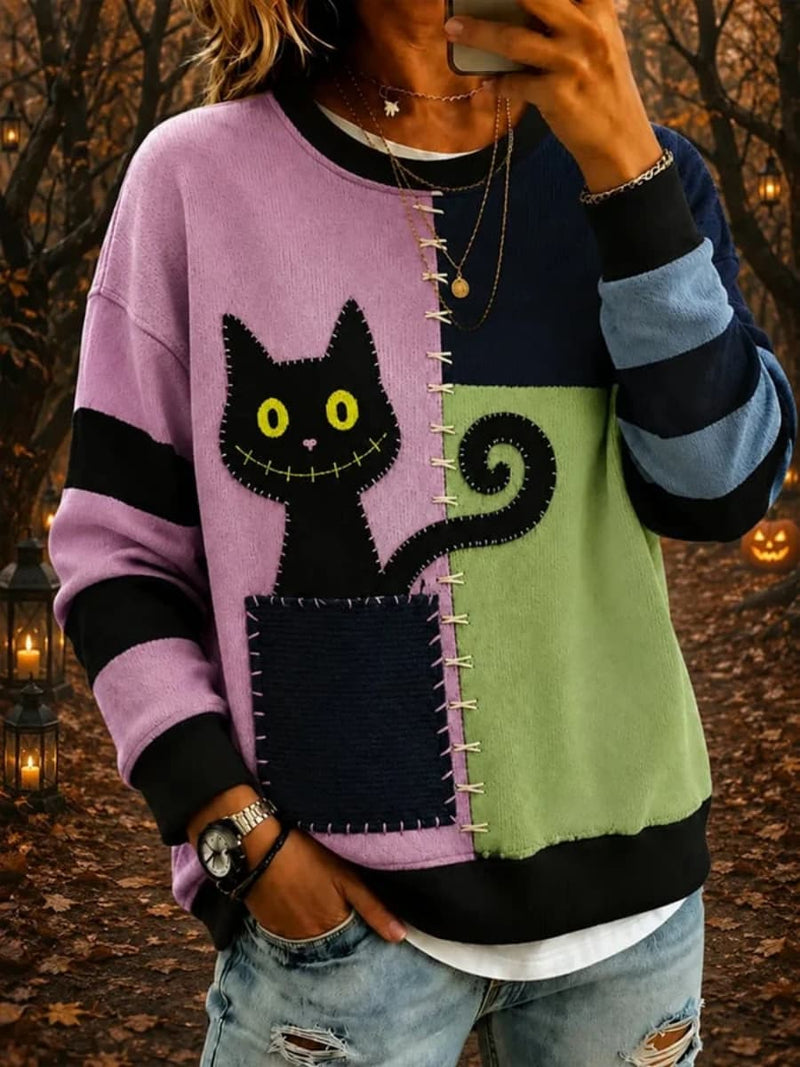 Women's Halloween Multi Color Patchwork Black Cat Print Round Neck Long Sleeve Sweatshirt