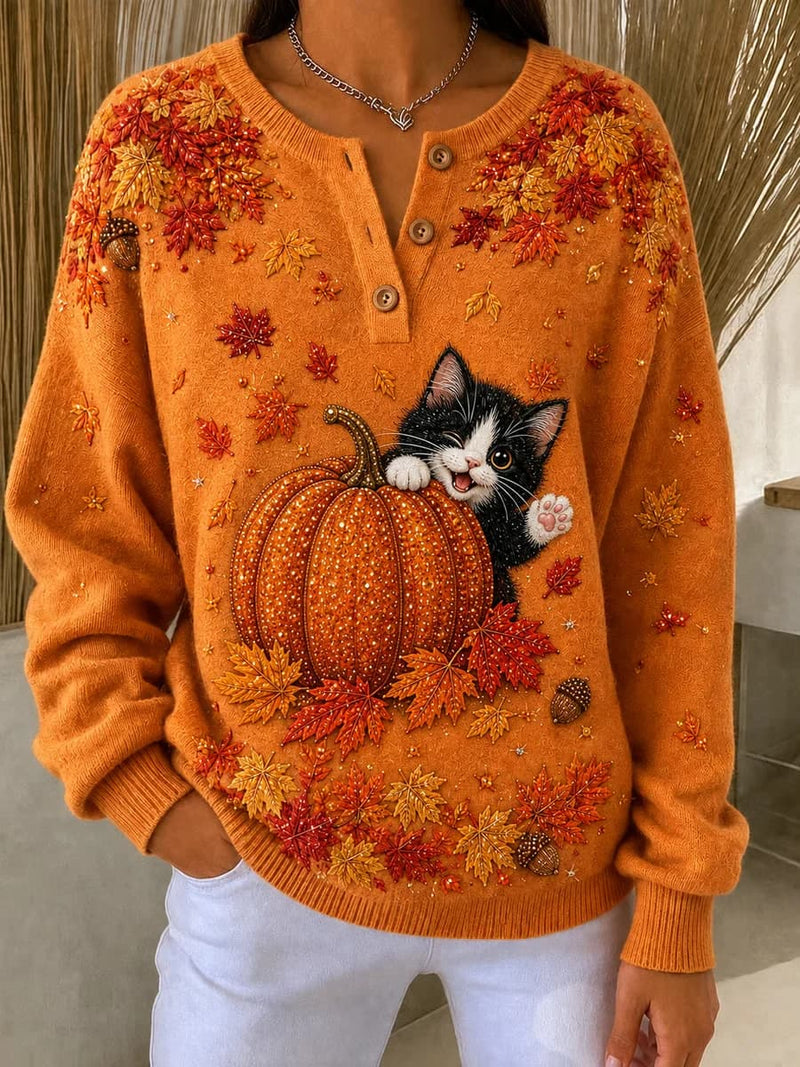 Women's Halloween Orange Pumpkin Kitten Print Henley Long Sleeve Sweatshirt