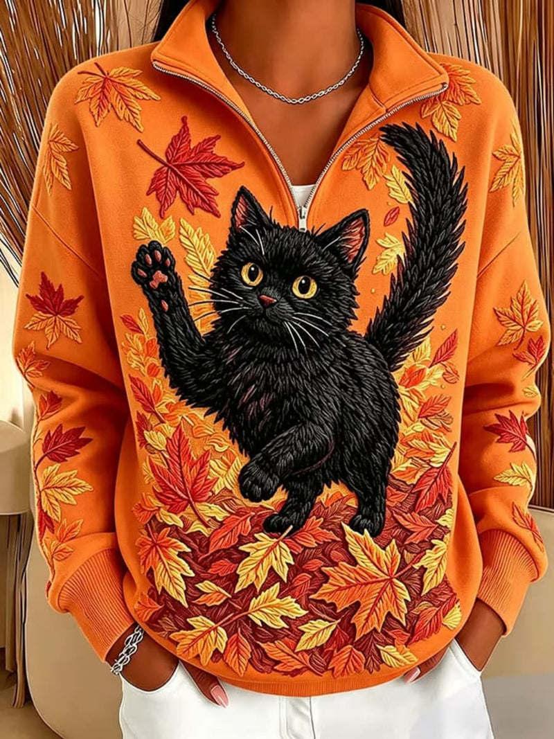 Women's Halloween Orange Black Cat Maple Leaf Print Half Zip Sweatshirt