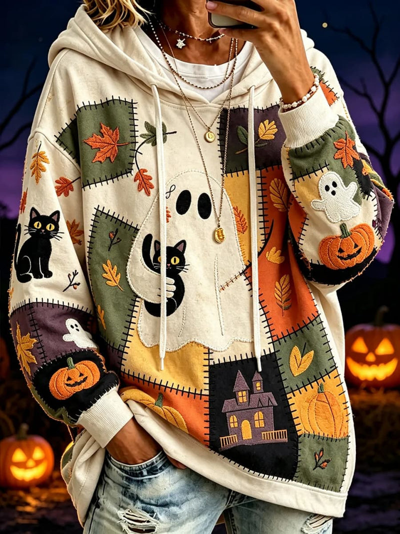 Women's Halloween Multi Patchwork Ghost Pumpkin Black Cat Print Hoodie