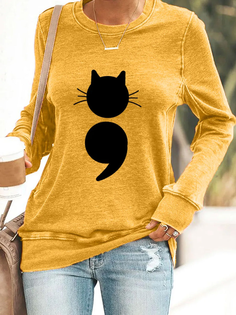 Women's Mustard Cat Print Round Neck Sweatshirt