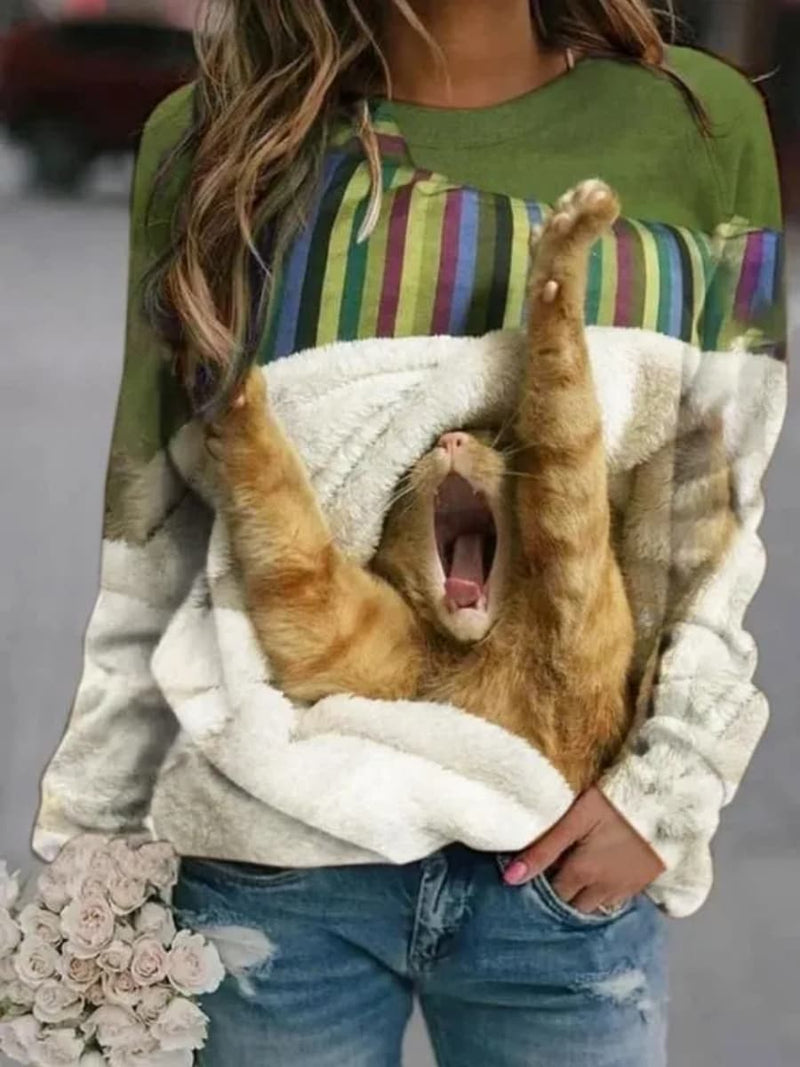Women's Multi Cat Print Round Neck Long Sleeve Sweatshirt