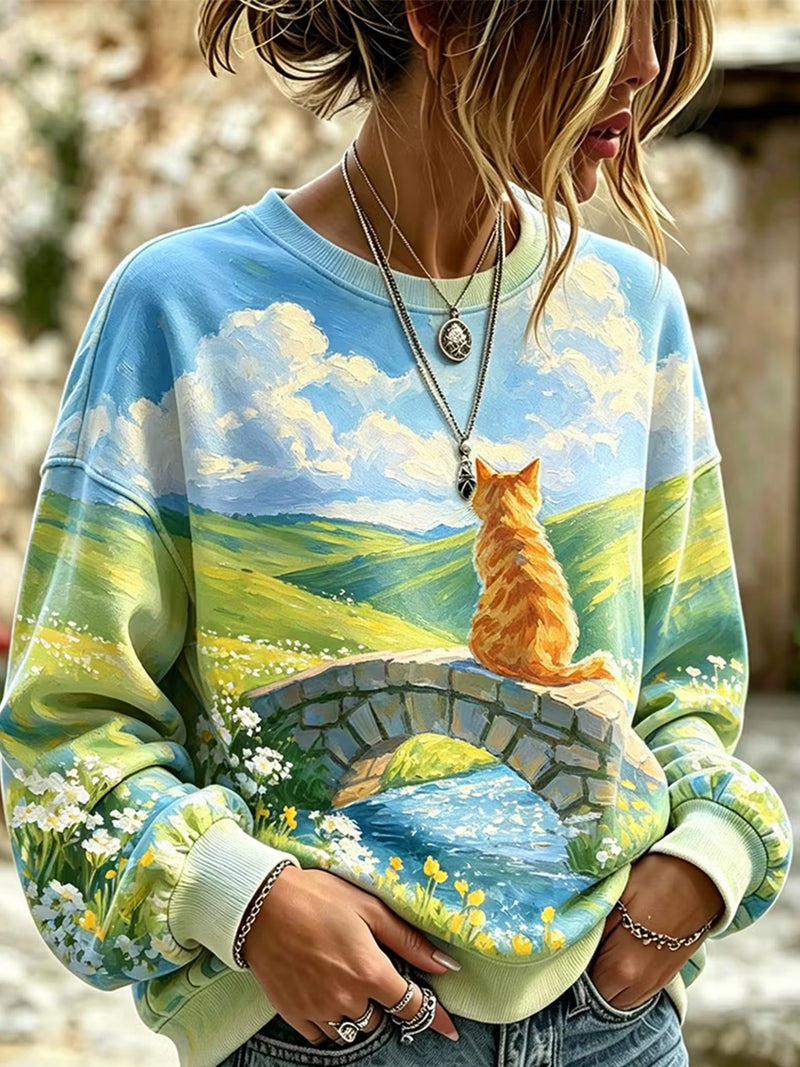 Women's Multi Countryside Cat Landscape Print Round Neck Long Sleeve Sweatshirt
