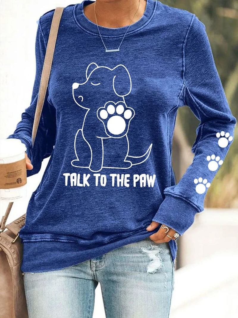 Women's Blue Dog Paw Graphic Print Round Neck Long Sleeve Sweatshirt