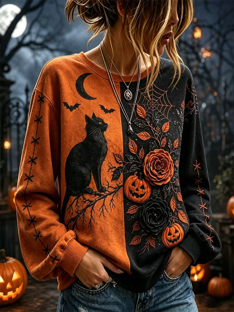 Women's Halloween Orange Black Cat Pumpkin Floral Print Round Neck Sweatshirt