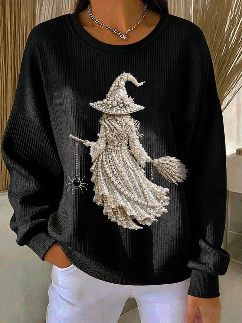Women's Halloween Black Witch Art Print Round Neck Long Sleeve Sweatshirt