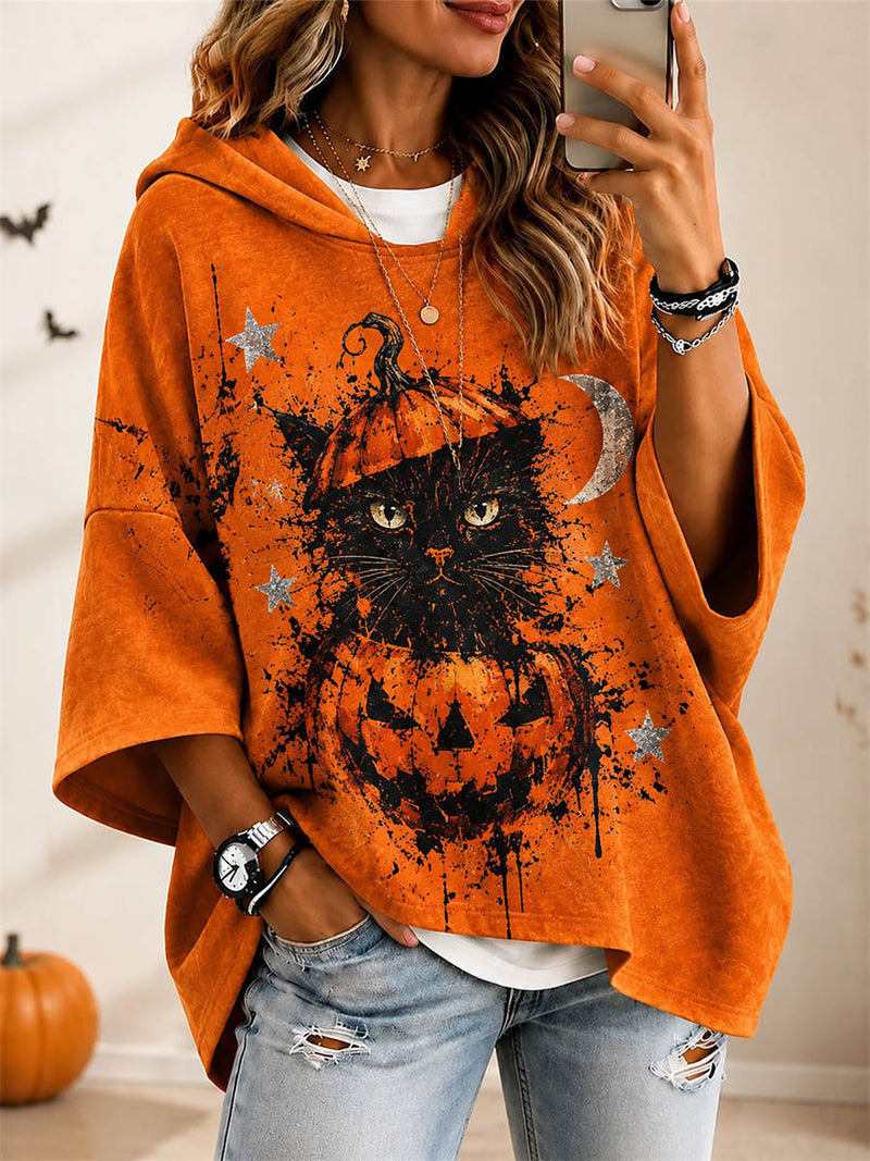 Women's Halloween Orange Cat Pumpkin Moon Star Print Hooded Three Quarter Sleeve Hoodie
