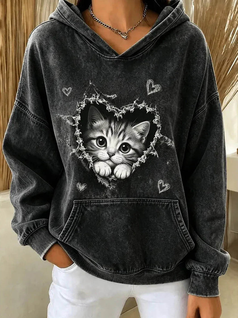 Women's Dark Grey Cat Heart Print Hooded Long Sleeve Hoodie