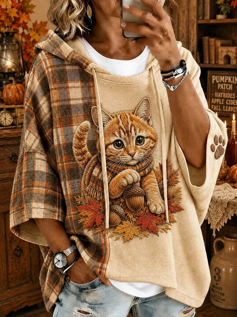 Women's Beige Plaid Cat Print Hooded Long Sleeve Hoodie