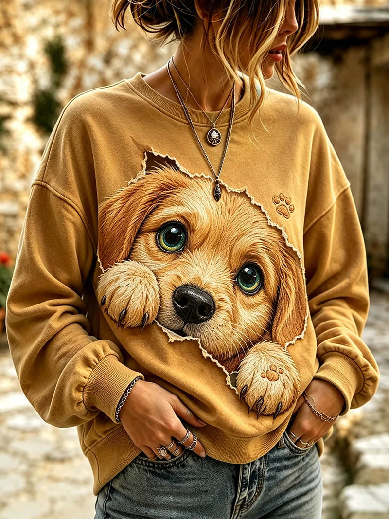 Women's Mustard Dog Print Round Neck Long Sleeve Sweatshirt