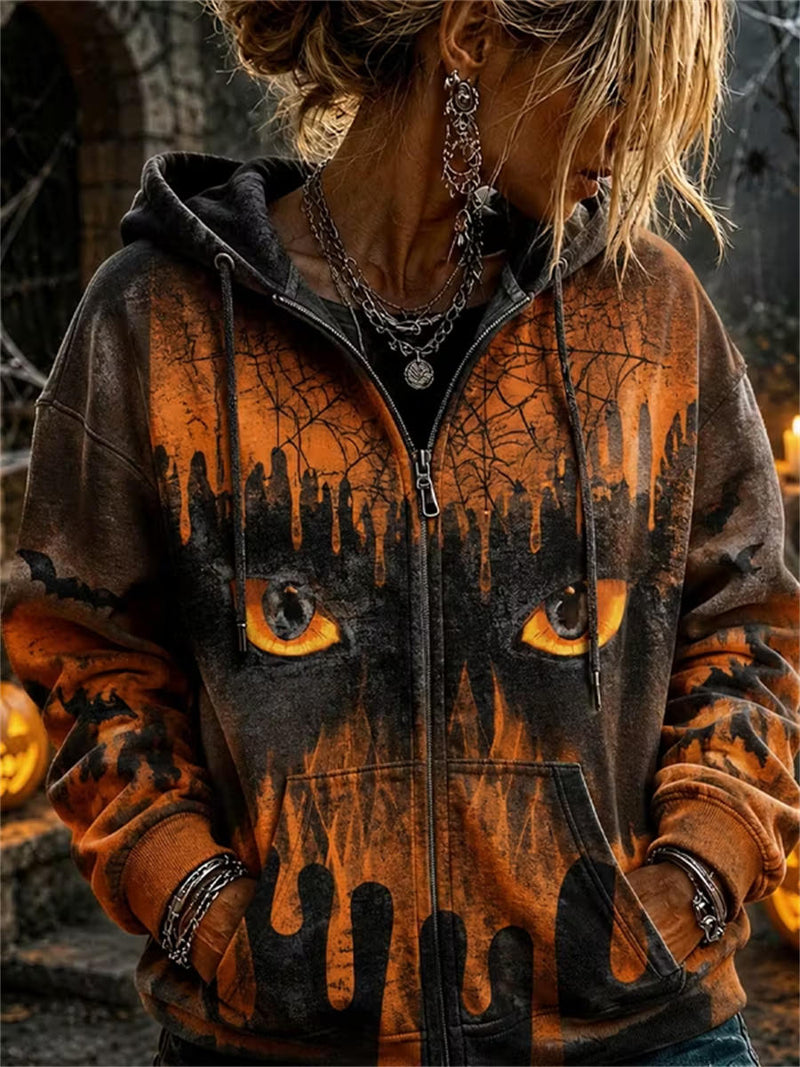 Women's Halloween Multi Cat Eye Graveyard Bat Art Print Hooded Long Sleeve Hoodie
