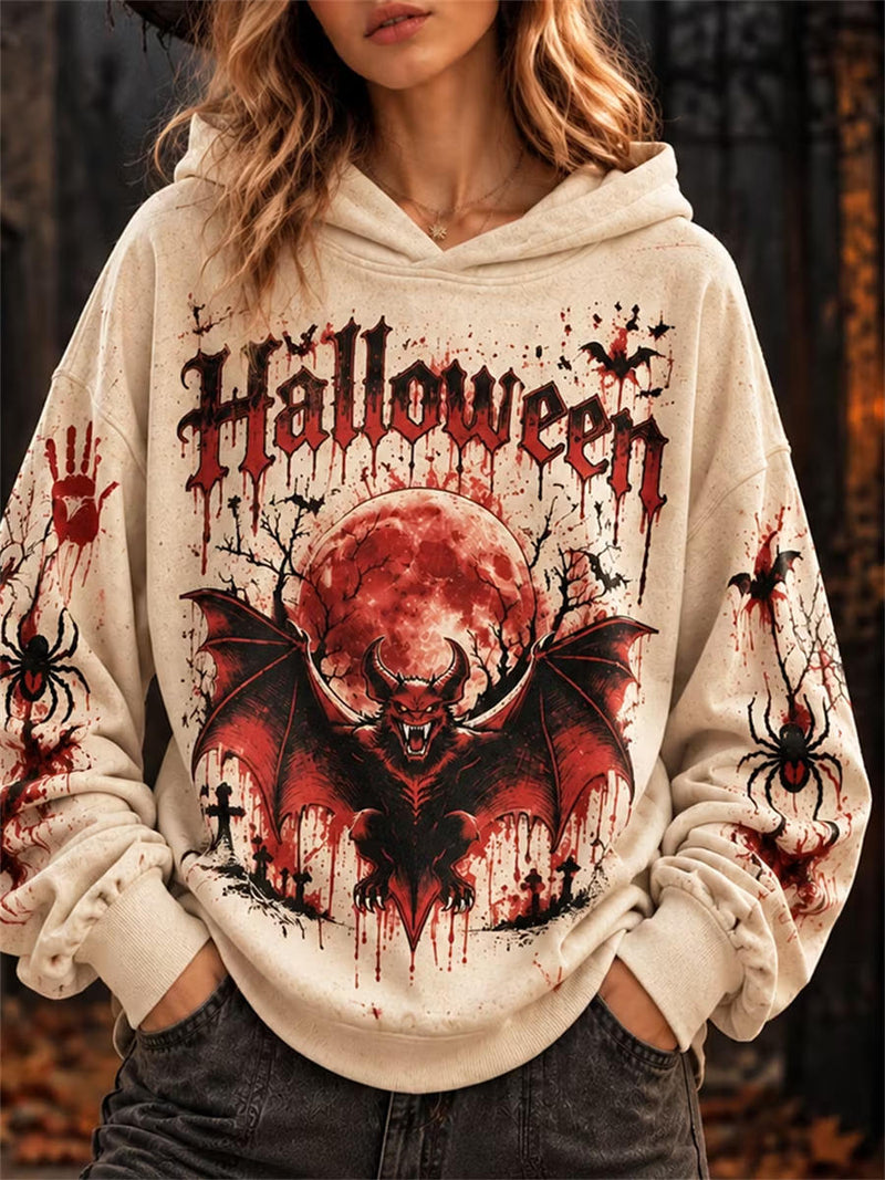 Women's Halloween Multi Demon Bat Blood Splatter Graphic Print Hooded Long Sleeve Hoodie