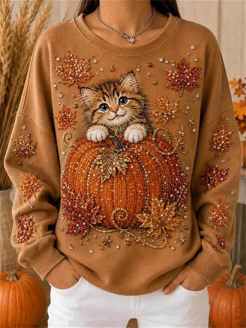Women's Halloween Brown Cat Pumpkin Maple Leaf Print Round Neck Long Sleeve Sweatshirt
