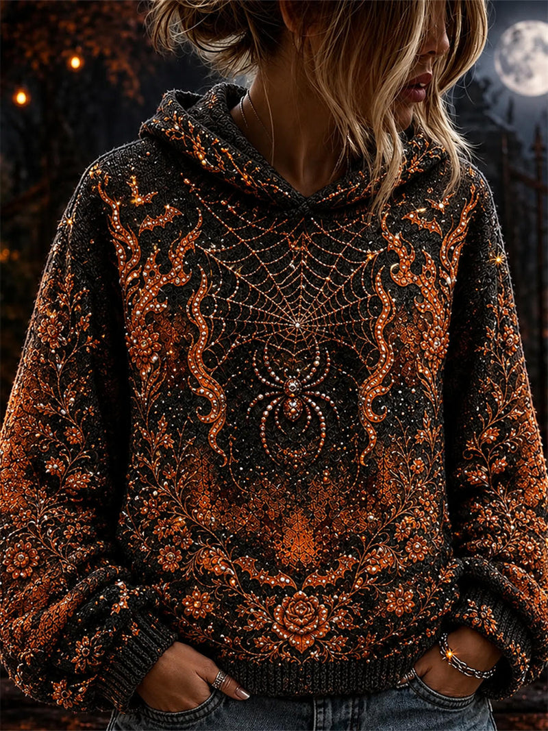 Women's Halloween Black Spider Web Floral Print Hooded Long Sleeve Hoodie