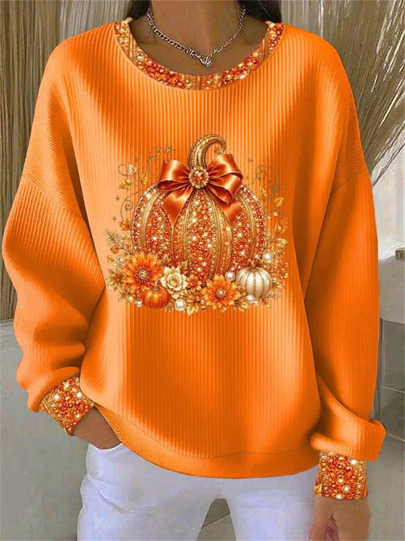 Women's Halloween Orange Pumpkin Print Round Neck Long Sleeve Sweatshirt