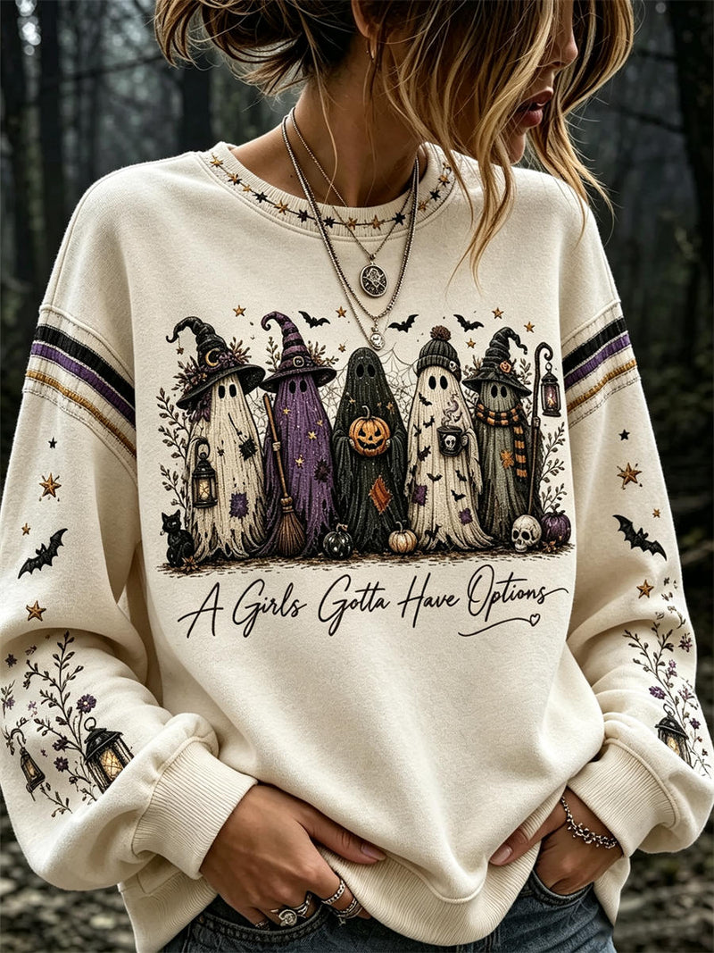 Women's Halloween Cream Ghost Witch Print Round Neck Long Sleeve Sweatshirt