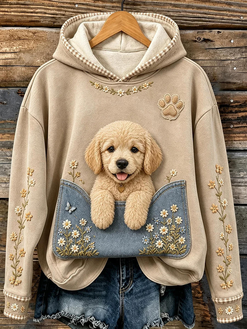 Women's Khaki Dog Floral Print Hooded Long Sleeve Hoodie