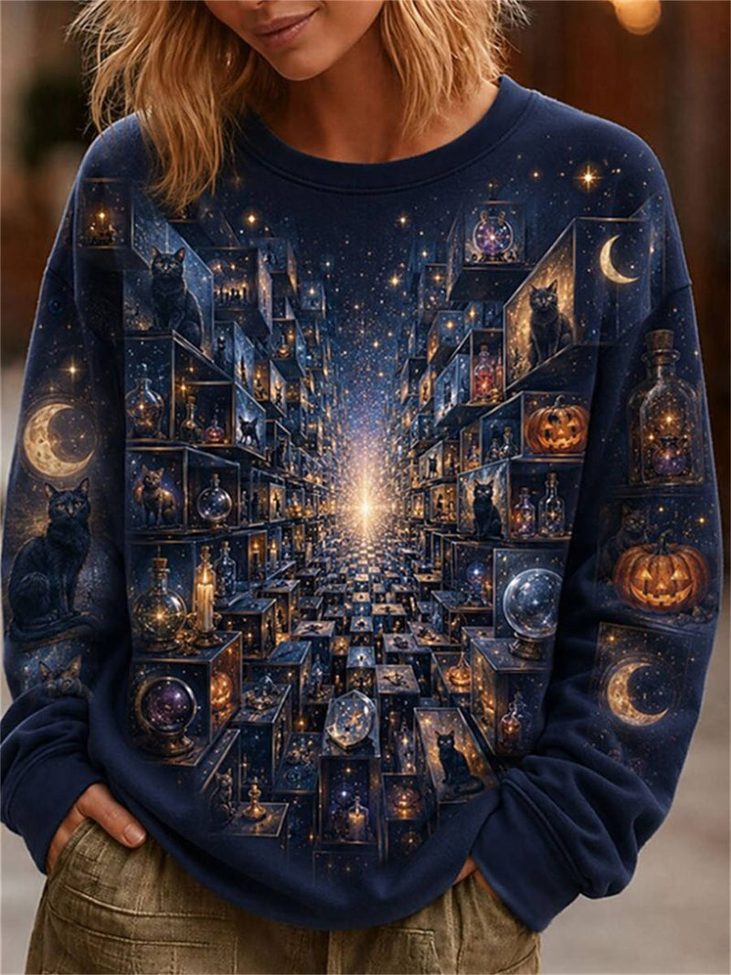 Women's Halloween Navy Cat Pumpkin Moon Potion Print Round Neck Long Sleeve Sweatshirt