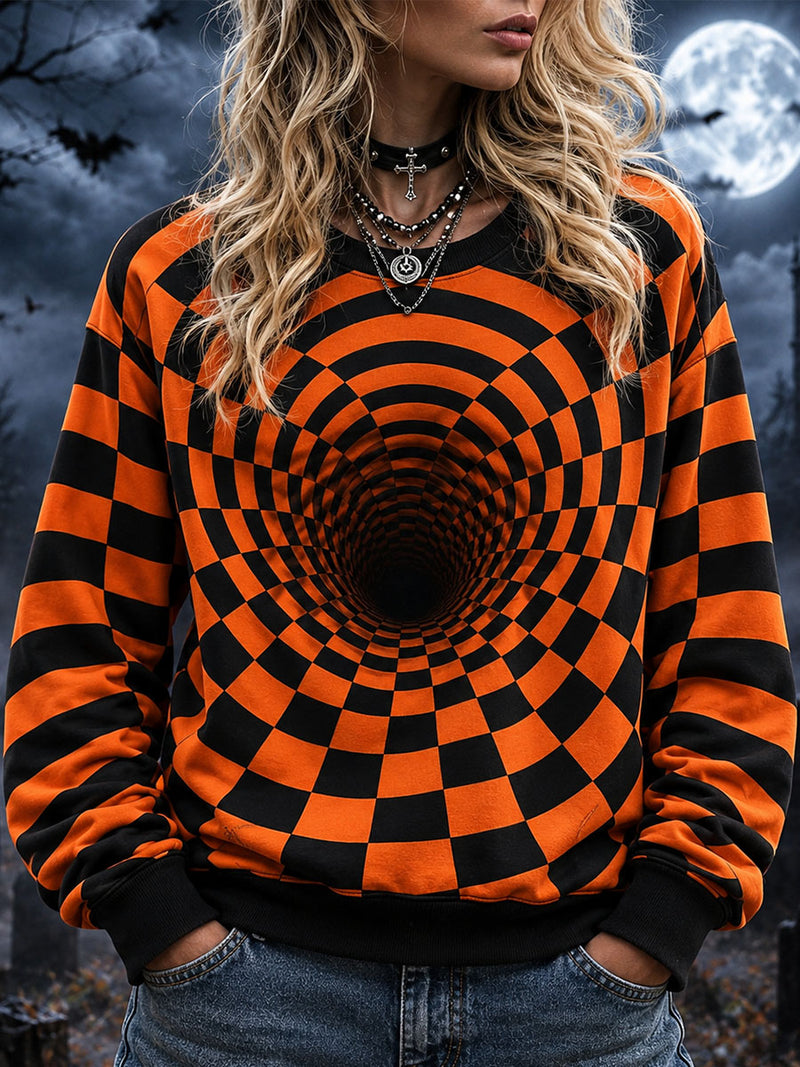 Women's Halloween Orange Black Geometric Print Round Neck Long Sleeve Sweatshirt