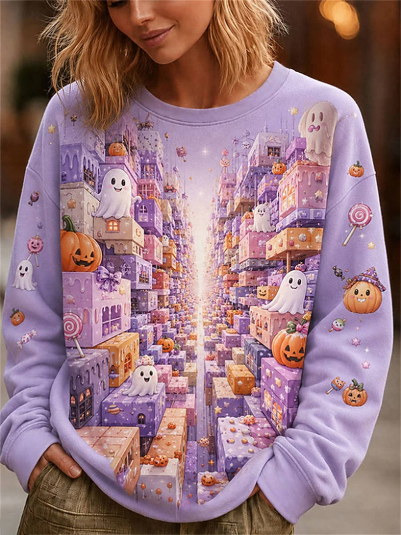 Women's Halloween Light Purple Ghost Pumpkin Candy Print Round Neck Long Sleeve Sweatshirt