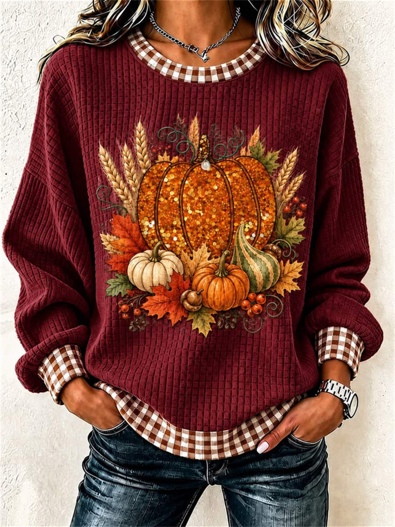 Women's Thanksgiving Burgundy Pumpkin Harvest Print Round Neck Long Sleeve Sweatshirt