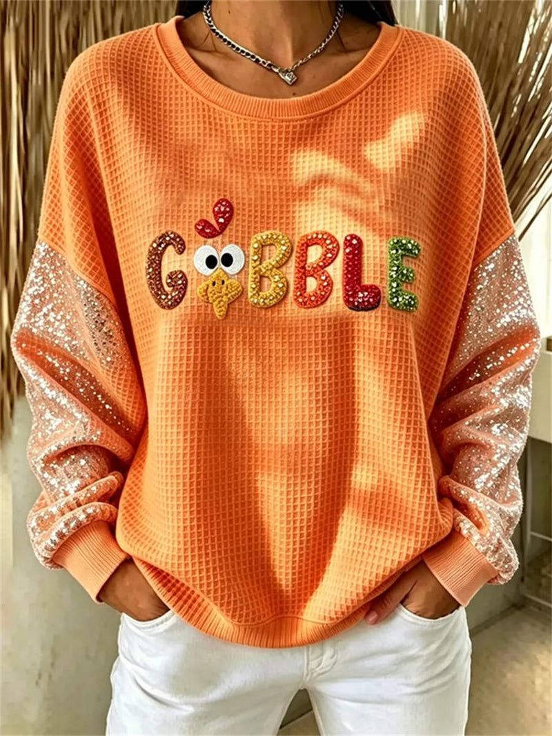Women's Thanksgiving Orange Turkey Letter Print Round Neck Long Sleeve Sweatshirt