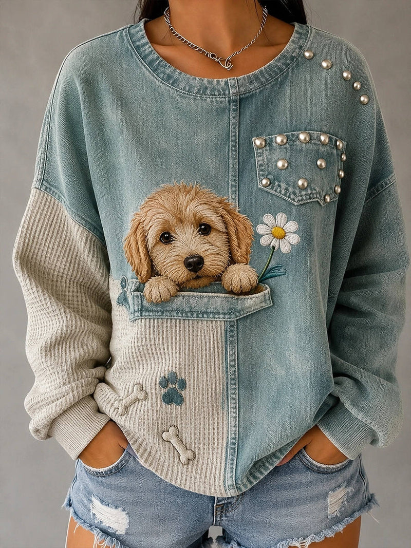 Women's Light Blue Dog Floral Print Round Neck Long Sleeve Sweatshirt