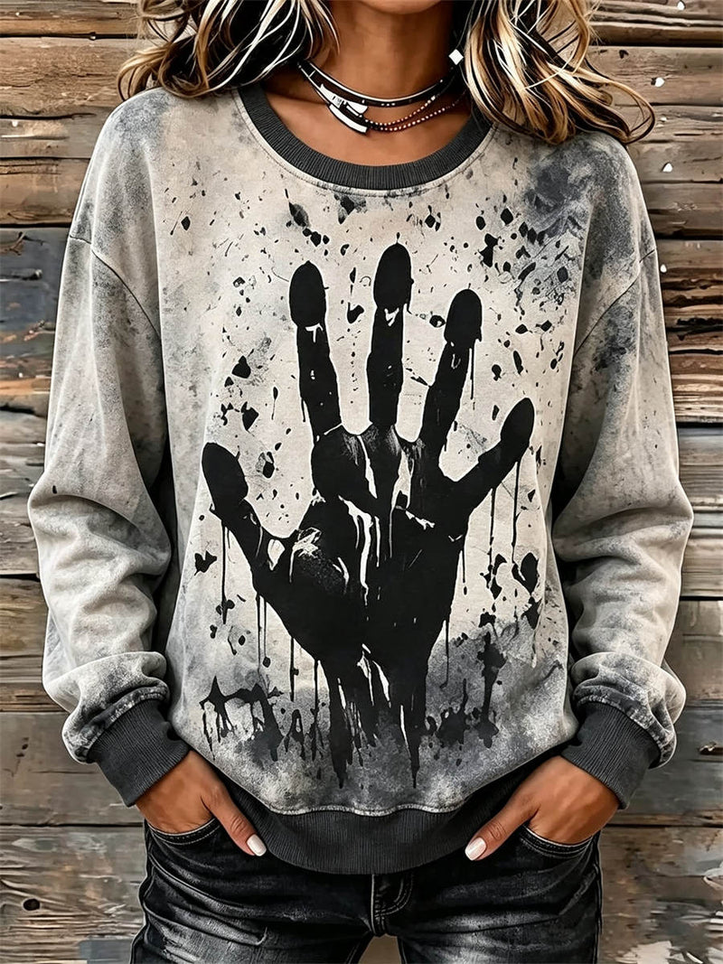 Women's Halloween Multi Handprint Splatter Print Round Neck Long Sleeve Sweatshirt