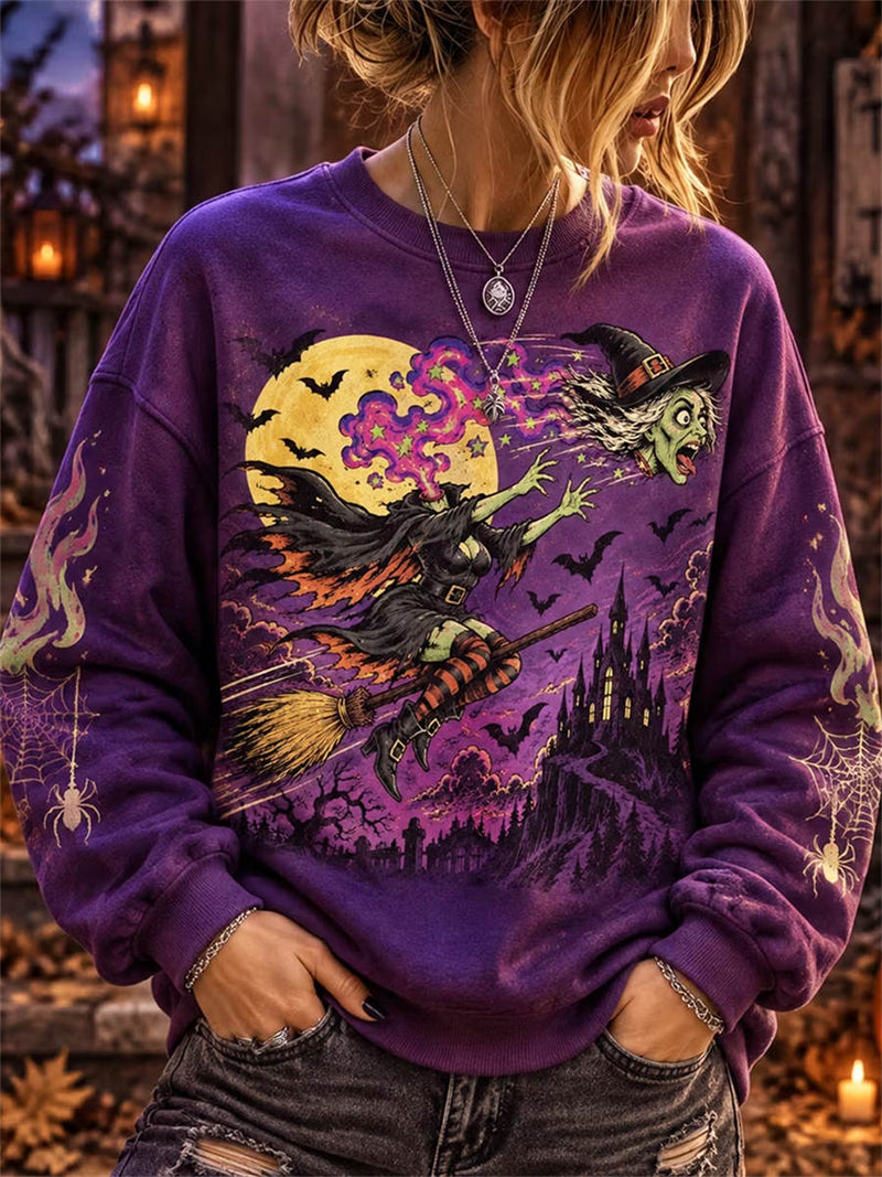 Women's Halloween Multi Witch Castle Moon Print Round Neck Long Sleeve Sweatshirt