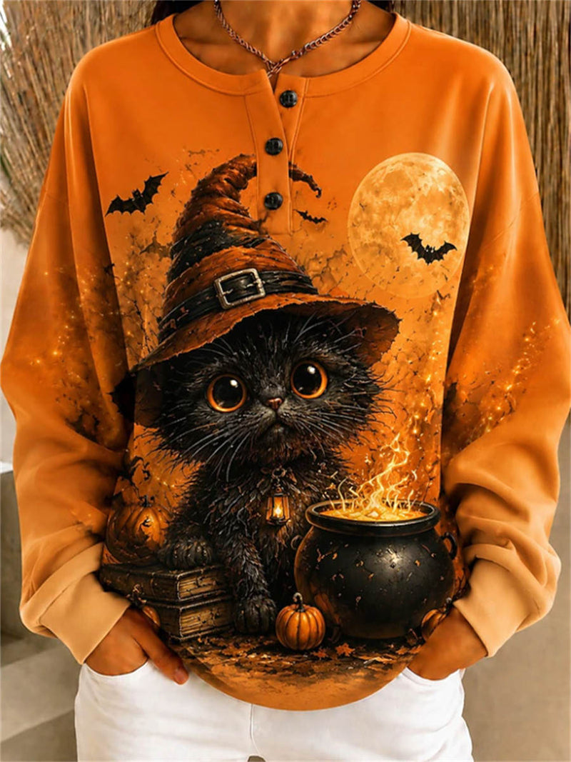 Women's Halloween Orange Cat Witch Hat Pumpkin Print Round Neck Long Sleeve Sweatshirt