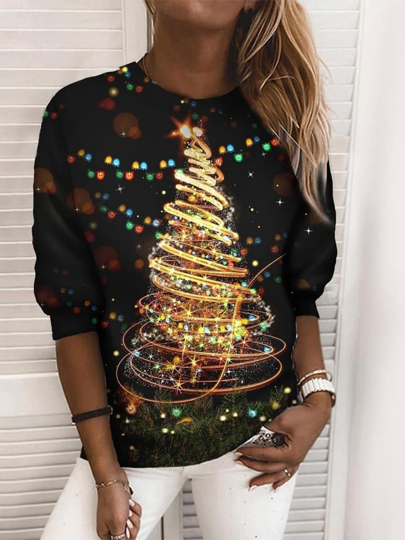 Women's Christmas Black Christmas Tree Print Round Neck Long Sleeve Sweatshirt