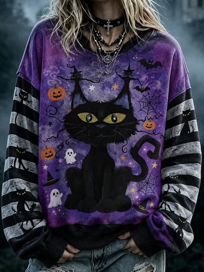 Women's Halloween Multi Cat Pumpkin Spider Web Witch Print Round Neck Long Sleeve Sweatshirt
