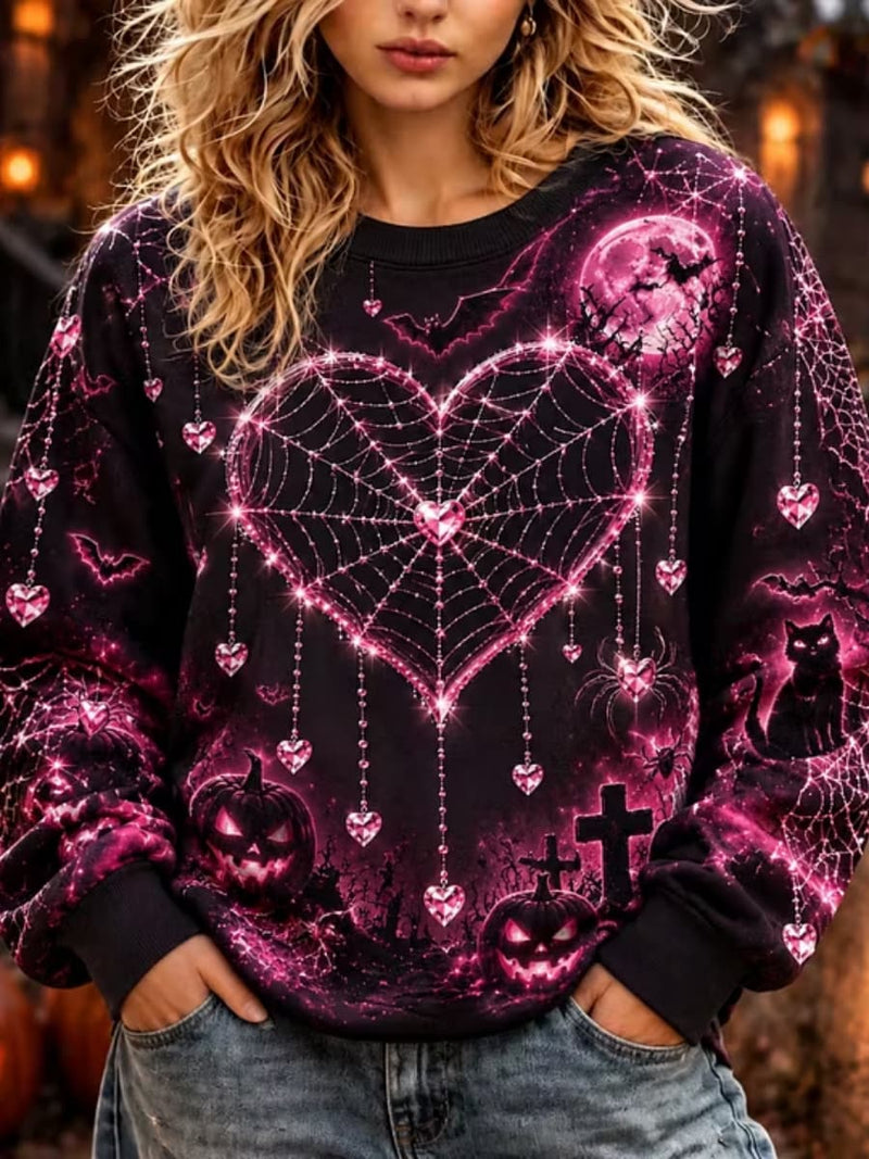 Women's Halloween Multi Heart Spider Web Cat Pumpkin Print Round Neck Long Sleeve Sweatshirt