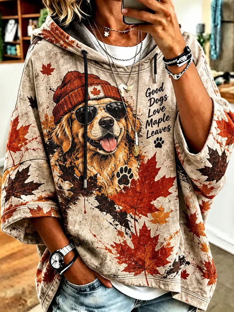 Women's Beige Dog Maple Leaf Print Hooded Three Quarter Sleeve Hoodie