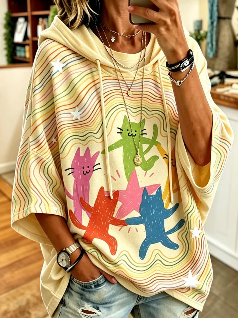 Women's Multi Cat Dancing Print Hooded Three Quarter Sleeve Hoodie