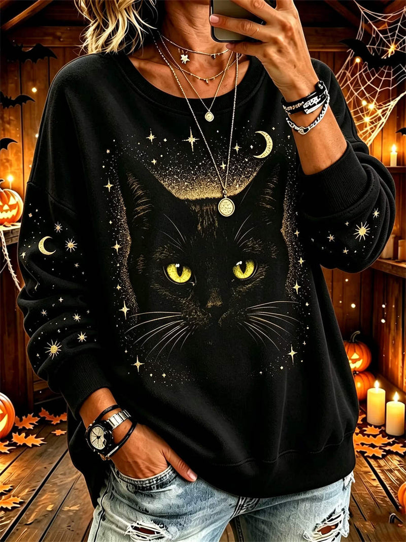 Women's Halloween Black Cat Moon Star Print Round Neck Long Sleeve Sweatshirt