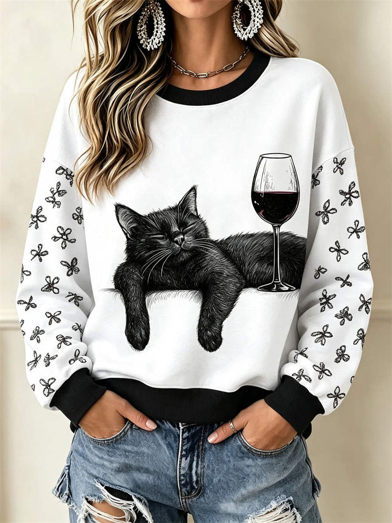 Women's White Black Cat Wine Glass Print Round Neck Long Sleeve Sweatshirt
