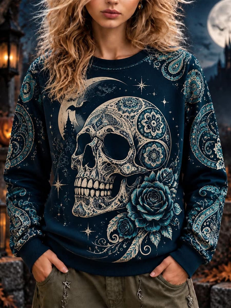 Women's Halloween Navy Skull Rose Paisley Print Round Neck Long Sleeve Sweatshirt
