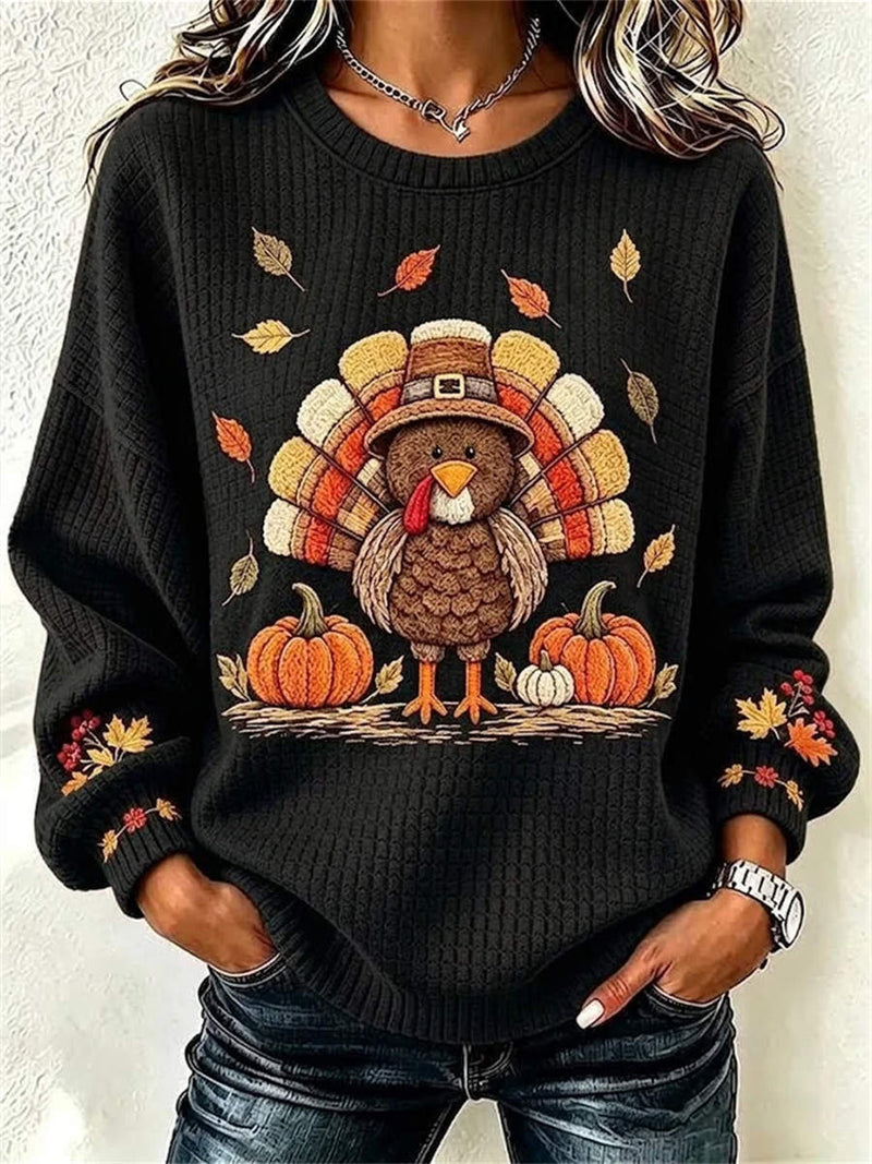 Women's Thanksgiving Black Turkey Pumpkin Print Round Neck Long Sleeve Sweatshirt