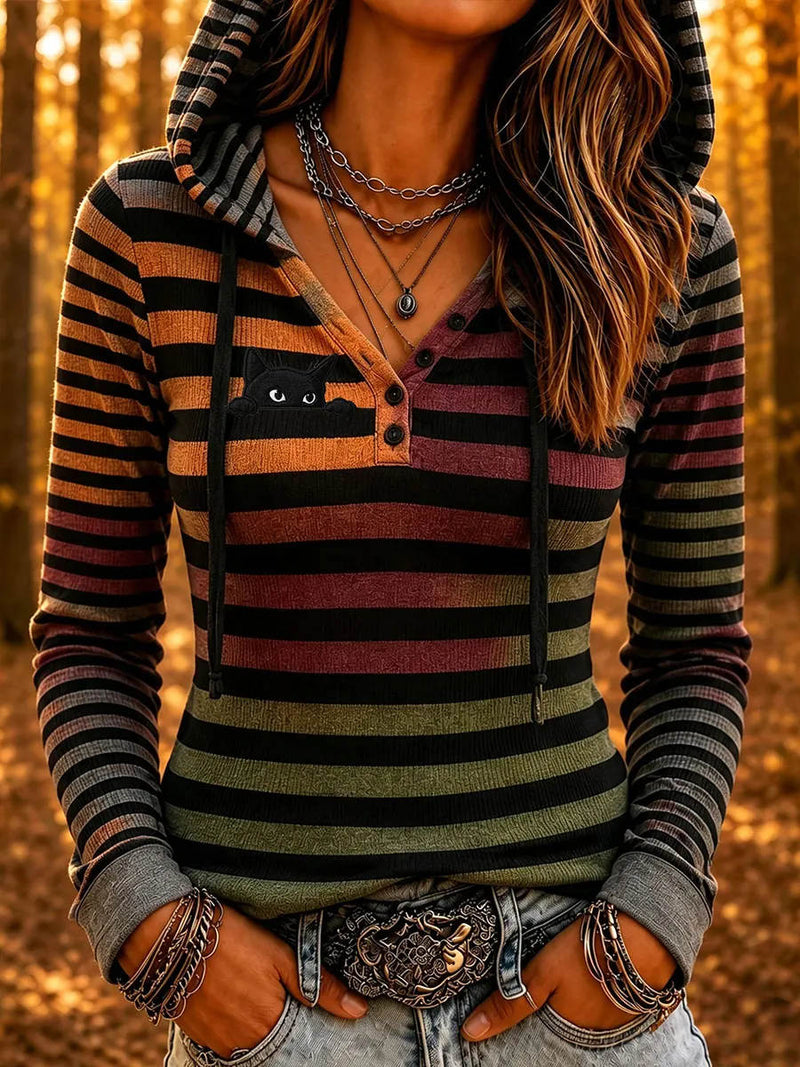 Women's Multi Striped Black Cat Print Hooded Long Sleeve Hoodie