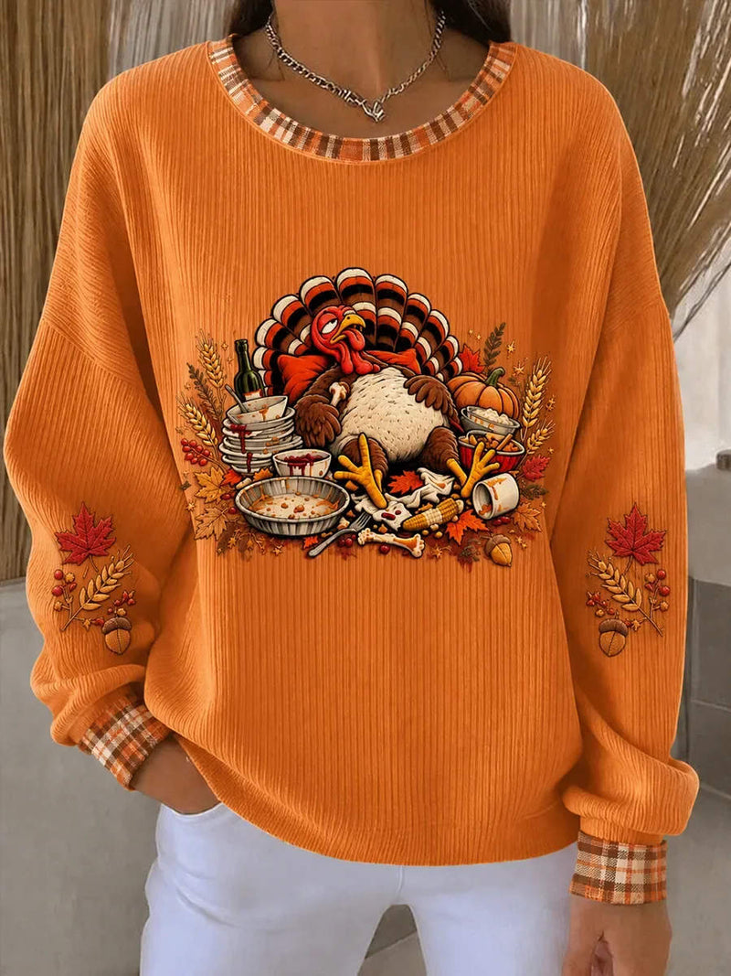 Women's Thanksgiving Orange Turkey Feast Print Round Neck Long Sleeve Sweatshirt