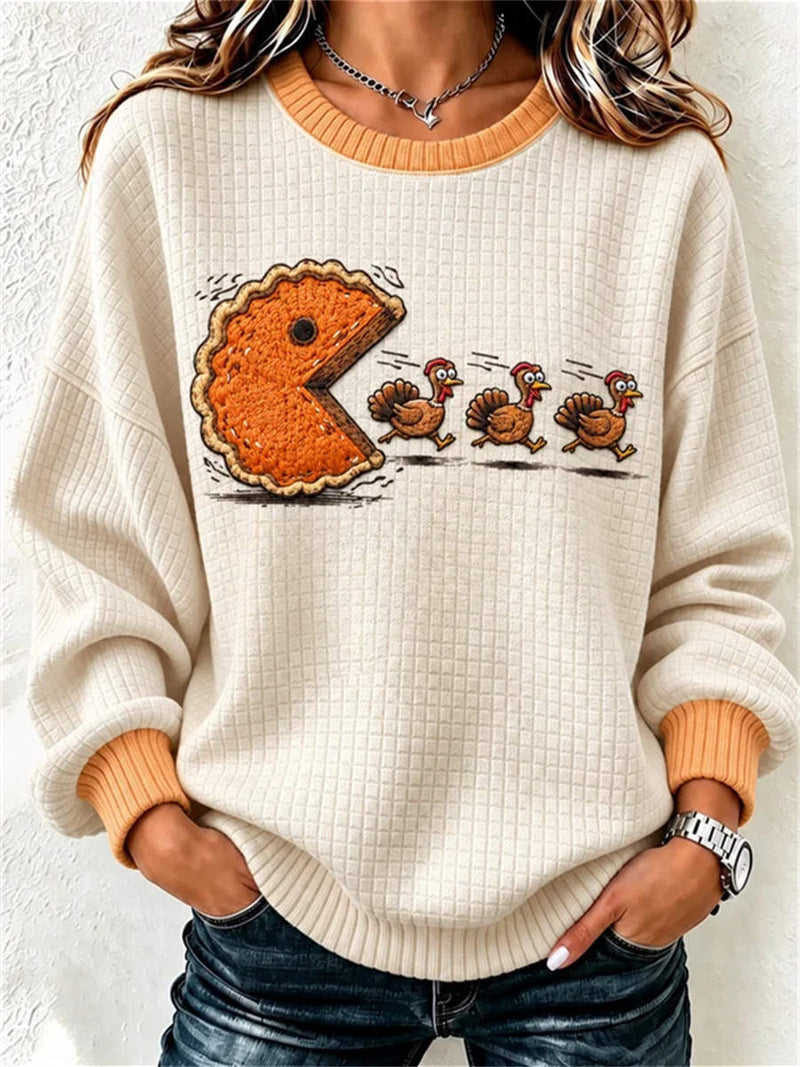Women's Thanksgiving Cream Turkey Pie Print Round Neck Long Sleeve Sweatshirt