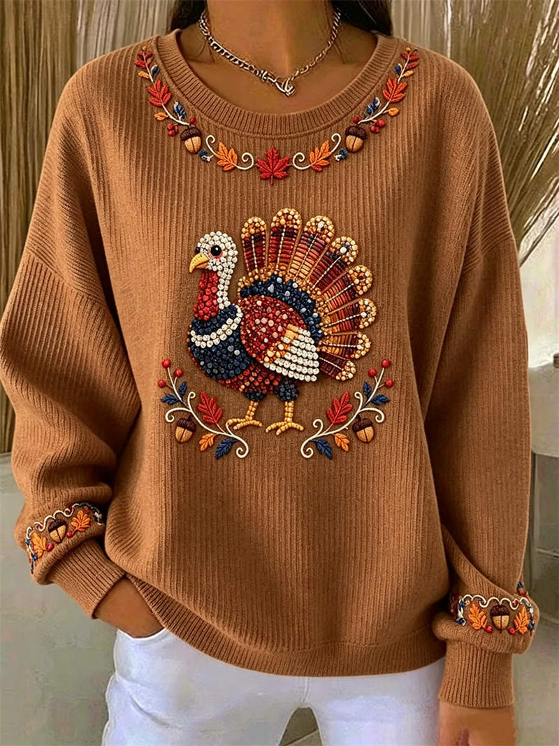 Women's Thanksgiving Brown Turkey Graphic Print Round Neck Long Sleeve Sweatshirt